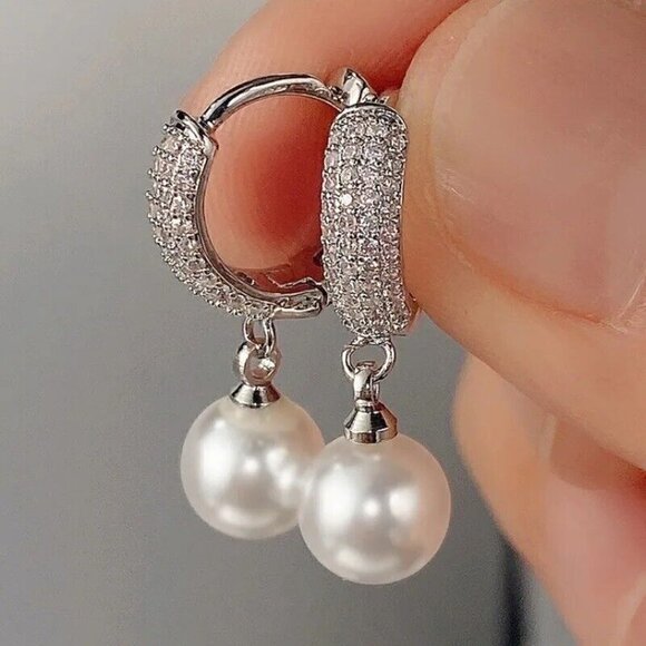925 Silver freshwater Pearl dangle Earrings Zircon Elegant womens Jewelry - Picture 1 of 9
